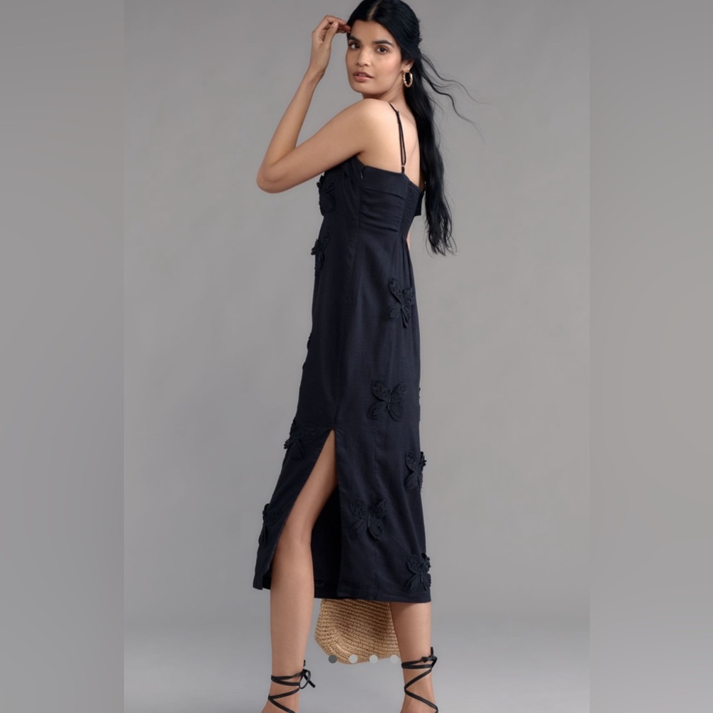 Anthropologie Maeve Linen Blend Appliqué Midi Dress